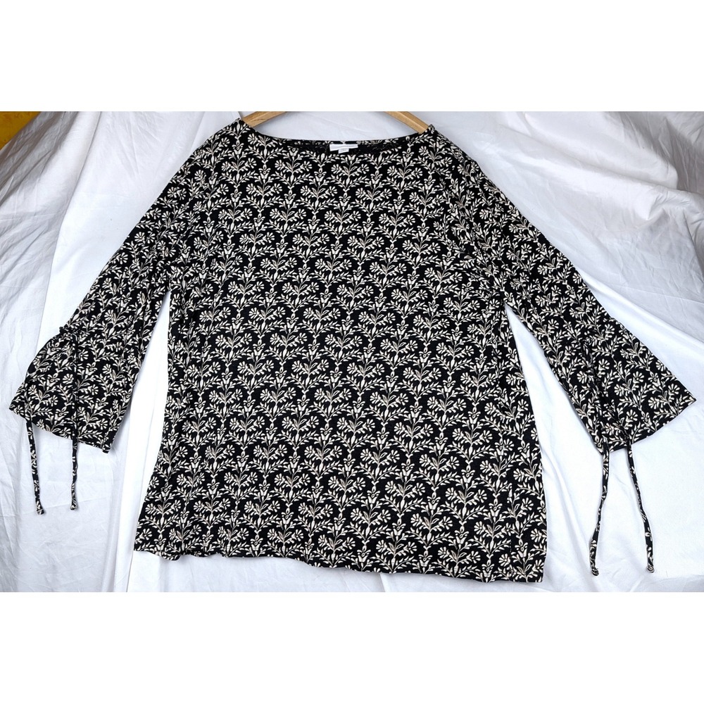 J.Jill Black Floral Cinch Sleeve Boat Neck Top Large Petite